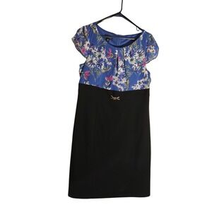 Alyx Dress Womens 12 Blue Floral Flutter Sleeve Sheath Pencil Dress Black Skirt